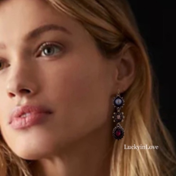 ALEXIS BITTAR • NEW Gold Gunmetal Pearl Stone 3 Stone Drop Spiked Earrings - Picture 10 of 11